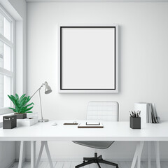 Fototapeta na wymiar empty white frame hanging in modern minimalist office