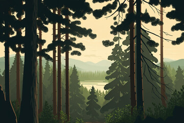 Pine forest and natural landscape background. Generative AI