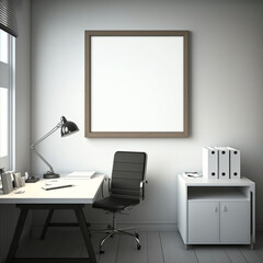 Blank white square wooden frame hanged on the white wall in the office