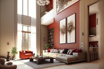 A modern living room, in a minimalist millenium crib, high ceiling and filled with warm red and white colour as the wall blend in with the design of the furniture.	