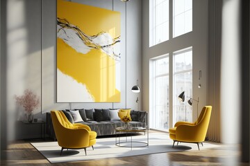 A modern living room, in a minimalist millenium crib, high ceiling and filled with warm yellow and khaki colour as the wall blend in with the design of the furniture.	