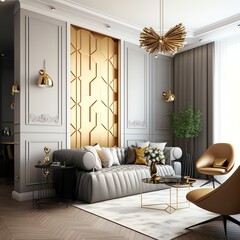 A modern living room, in a minimalist millenium crib, high ceiling and filled with warm yellow and gold colour as the wall blend in with the design of the furniture.	