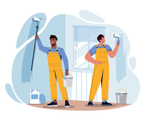 Renovation workers concept. Men with white paint rollers. Construction and repair, fashion and style. Comfort and coziness in apartment. Poster or banner for website. Cartoon flat vector illustration