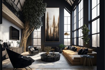 A modern living room, in a minimalist millenium crib, high ceiling and filled with warm blue and khaki colour as the wall blend in with the design of the furniture.	