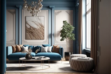 A modern living room, in a minimalist millenium crib, high ceiling and filled with warm blue and khaki colour as the wall blend in with the design of the furniture.	
