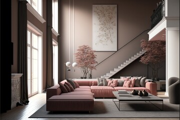 A modern living room, in a minimalist millenium crib, high ceiling and filled with warm red and white colour as the wall blend in with the design of the furniture.	