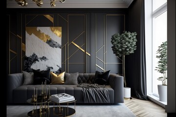 A modern living room, in a minimalist millenium crib, high ceiling and filled with black and gold color as the wall blend in with the design of the furniture.	