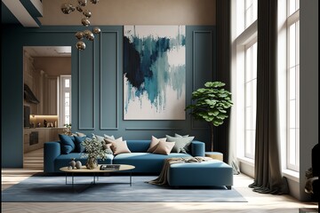 A modern living room, in a minimalist millenium crib, high ceiling and filled with warm blue and khaki colour as the wall blend in with the design of the furniture.	