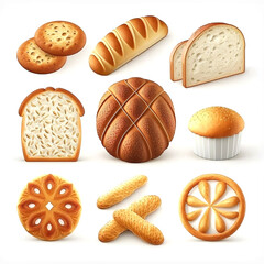 Realistische Bäcker, Bäckerei, Backwaren, Gebäck Icons in 3D - Generative AI - obrazy, fototapety, plakaty