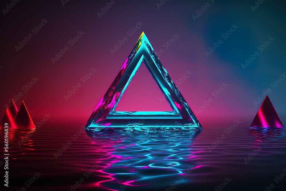 Poster reflections of the triangular shape in the water's surface, lit with neon lights. laser display on a