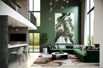 A modern living room, in a minimalist millenium crib, high ceiling and filled with warm green and khaki colour as the wall blend in with the design of the furniture.	