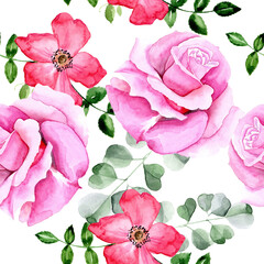 
Watercolor rose flowers in a seamless pattern. Can be used as fabric, wallpaper, wrap.