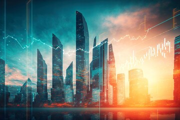 forex market investment business trading concept on modern city background double exposure - obrazy, fototapety, plakaty