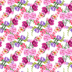 
Watercolor flowers of alstroemeria, crocus, peony, rose and leaves in a seamless pattern. Can be used as fabric, wallpaper, wrap.