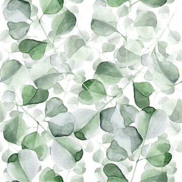  Watercolor green leaves in a seamless pattern. Can be used as fabric, wallpaper, wrap. © Ulia