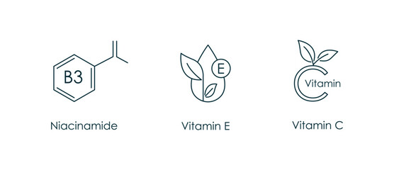 niacinamide, vitamin e, vitamin c icon vector illustration 
