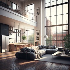 interior design, open plan, kitchen and living room, modular furniture with cotton textiles, wooden floor, high ceiling, large steel windows viewing a city