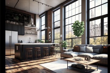 Plakat interior design, open plan, kitchen and living room, modular furniture with cotton textiles, wooden floor, high ceiling, large steel windows viewing a city