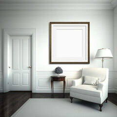 blank white frame in modern living room with white sofa
