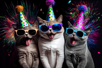 3 fröhliche Katzen mit Partyhüten und bunten Brillen. Generative Ai.
