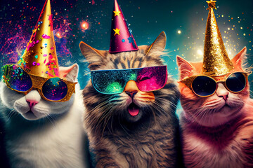 3 fröhliche Katzen mit Partyhüten und bunten Brillen. Generative Ai. - obrazy, fototapety, plakaty