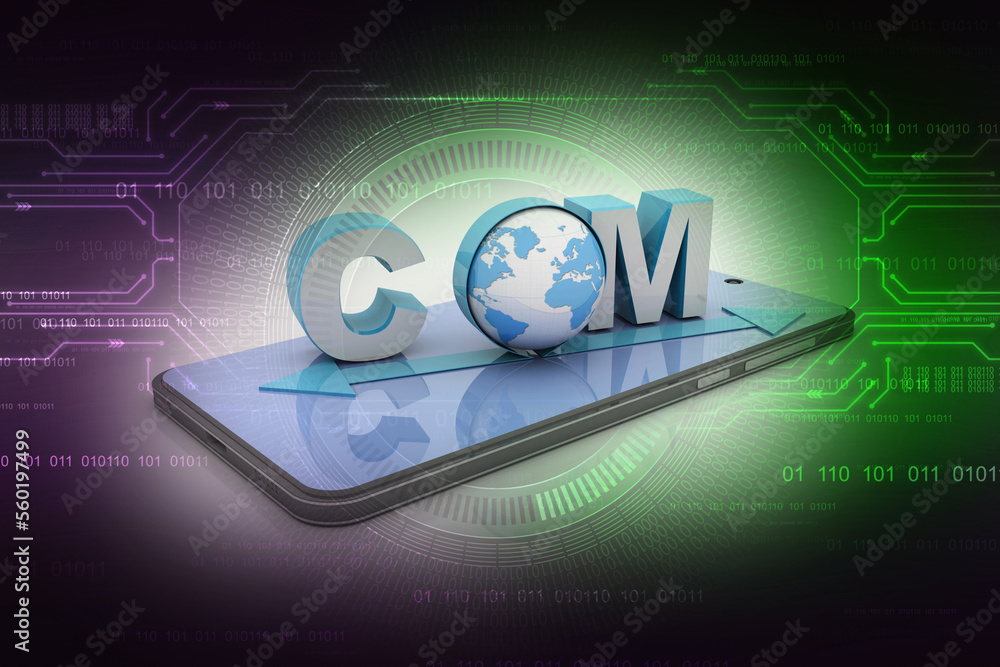 Poster 3d rendering globe with word dot com in mobile phone