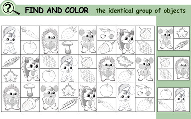 Find and color the identical group of objects. Coloring book page with cartoon characters. Educational logical game for children. Vector illustration.