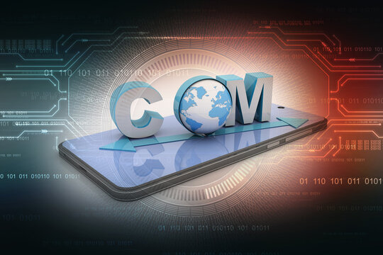3d rendering globe with word dot com in mobile phone
