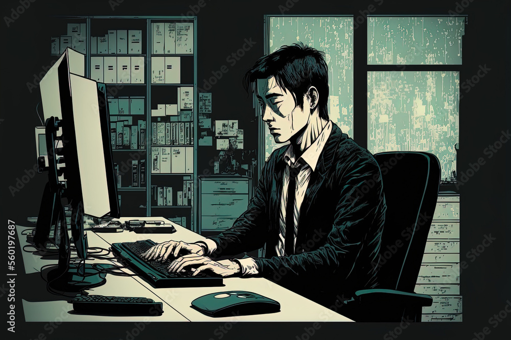 Aufkleber asian man sitting at a table with a keyboard in the office technologies. generative ai