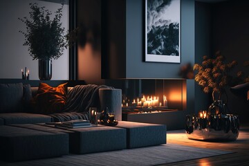 A luxury living room interior with a fireplace, generative ai