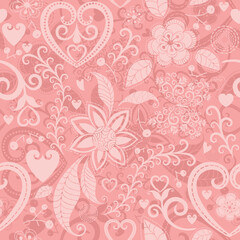 Vector seamless pink floral valentine pattern with white hearts, lace vintage curls and flowers and butterfly
