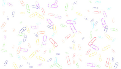 Paper clips are scattered on a white background. Decorative element. Background for design, school and office supplies