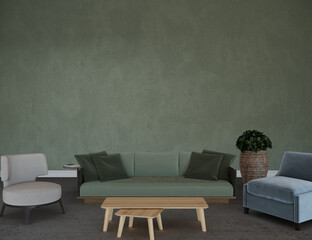 Green living room with sofa, 3d render