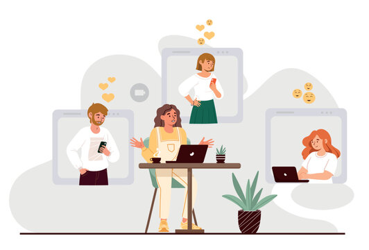 Video conference with people. Young girl at laptop communicates with friends and colleagues. Remote employee or freelancer. Modern technologies and digital world. Cartoon flat vector illustration
