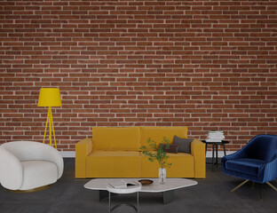 Modern living room with yellow sofa front of the brick wall