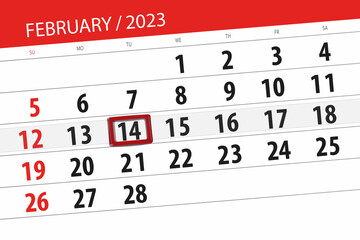 Fototapeta premium day, month, page, organizer, date, february, tuesday, number 14