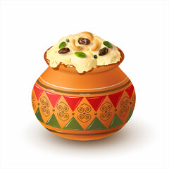Clay pot (kalash) with traditional dish Ven Pongal isolated on white. Food for Indian harvest festival Pongal (Makar Sankranti, Lohri). Vector illustration.