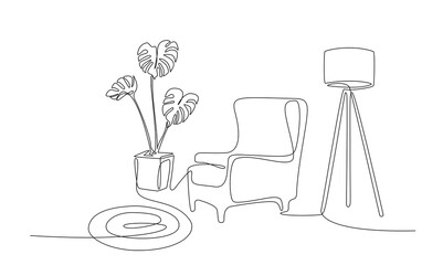 Continuous line interior with armchair, plant, floor lamp and carpet. One line drawing of Living room with modern furniture editable stroke. Single line. Handdraw contour. Flower in pot. Doodle vector