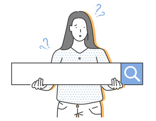 An illustration of a young woman's search window board who is curious about search engines and algorithms - obrazy, fototapety, plakaty