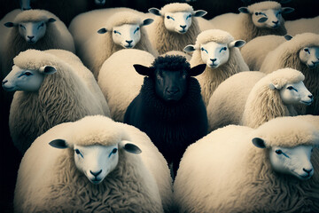 Black sheep among white ones. Dare to be different, standing out from crowd, be yourself concept - obrazy, fototapety, plakaty