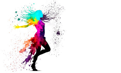 Plakat Female silhouette dance in abstract multicolor paint splash on white background. Freeze motion female dancing through paint splash. Paint clouds with woman silhouette on white background illustration.