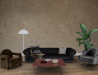 Living interior with sofa and armchairs, 3d render