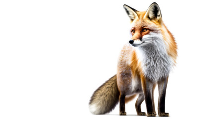 Red fox or Vulpes vulpes on white background. Red fox with fluffy fur on a white background, perfect for hunting, zoo or animal backgrounds and banners. Generative AI fox portrait on white background.