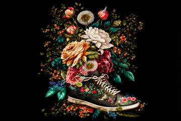 Training sneakers with colorful flowers round them on black background. Fitness, spring, fashion creative composition as design element or banner background, Generative AI.