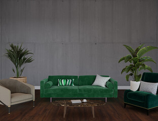 Modern interior design with green sofa and armchairs, 3d render