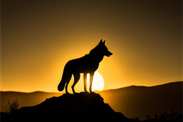 Fototapeta na wymiar Silhouette of wolf or canis lupus stand on a rock at sunset. Wild wolf at sunset, travel or zoo design element or banner background. Generative AI wolf hunt at dawn.