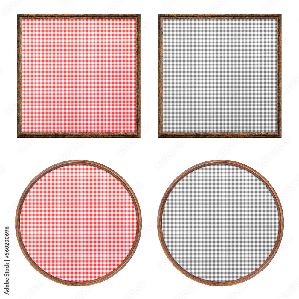 Poster wooden frame. four blank round and square frames with creative patterned insert isolated on white ba