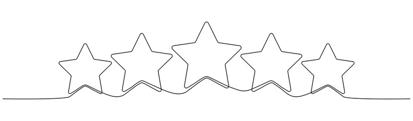 Obraz premium Five stars continuous line drawing. Rating review star linear symbol. Vector illustration isolated on white.