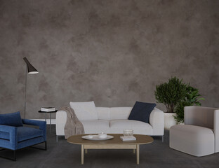 Living interior with sofa and furniture, 3d render