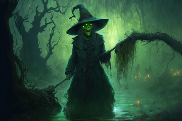 Halloween swamp witch ghost terror. Generative AI - obrazy, fototapety, plakaty